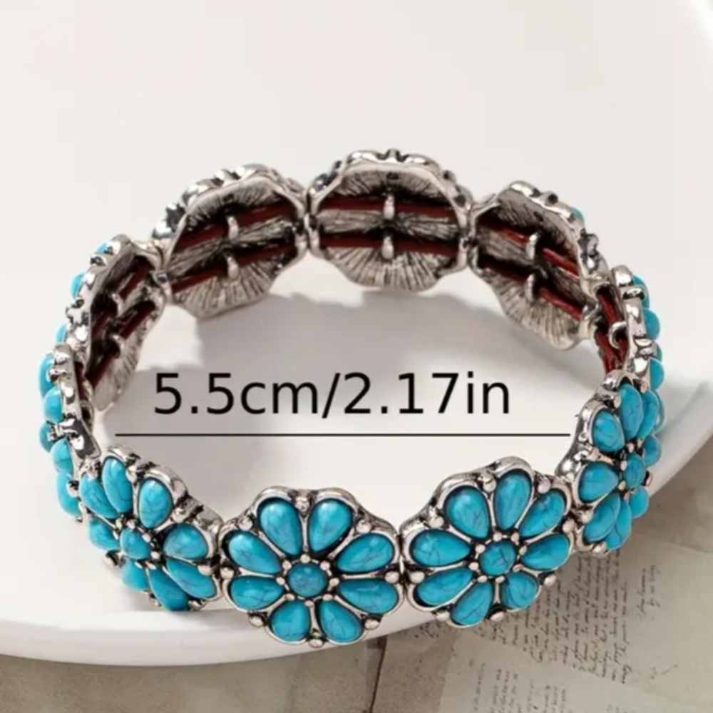 Turquoise Floral Silver Bracelet Stretch Western - Picture 2 of 2